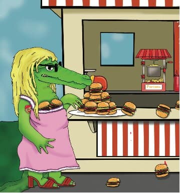 Crazy Croc in disguise at Sid’s hamburger stall, burgers stuffed in a pink dress