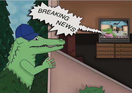 Little Croc watching breaking news of Crazy Croc’s arrest on Mr. Harper’s television
