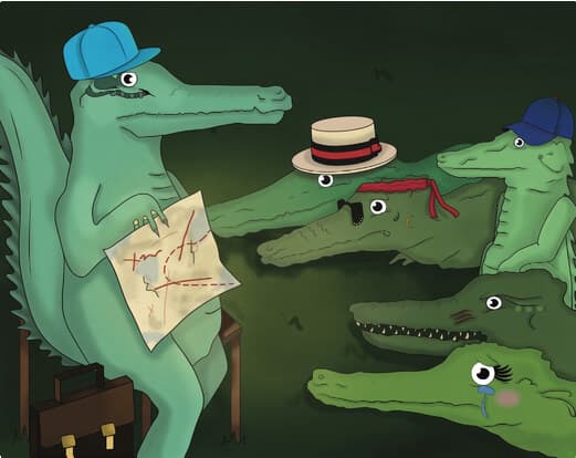 Big Croc in a blue baseball cap, briefing the other crocs with a map and briefcase