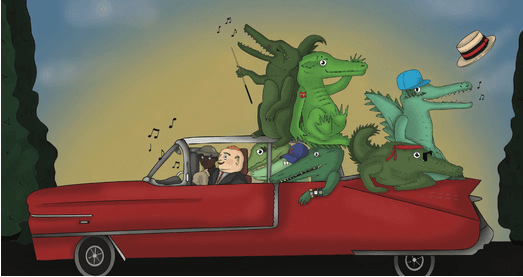 A red Cadillac packed with crocodiles and two men, heading home