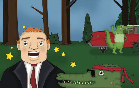 Mr. Harper meeting Rock’n’Roll Croc beside the red Cadillac